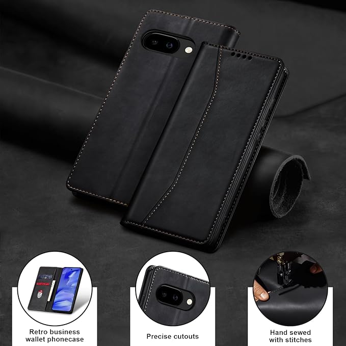 Jasonyu Flip Wallet Case for Google Pixel 9A,Leather Magnetic Folio Cover with Card Holder,Kickstand - TPU Shockproof Durable Protective Phone Case,Black