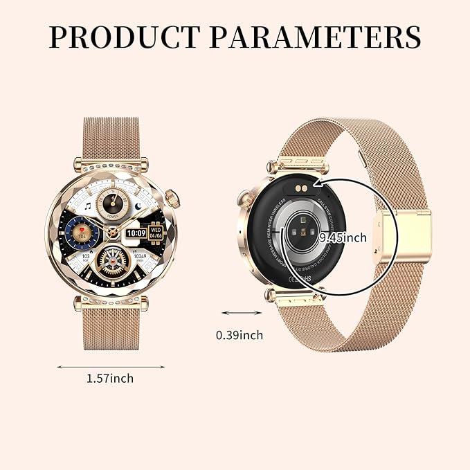 Smart Watch for Women, Fitness Tracker for Android/iOS, 1.19" AMOLED Screen Smartwatches with Female Cycle, Heart Rate, Sleep Monitor, Activity Tracking (2 Watch Bands) (Gold)