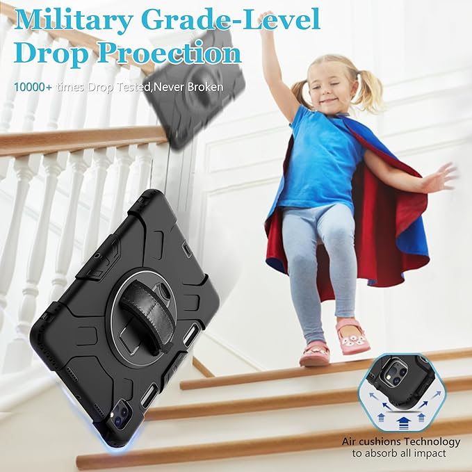 Case for iPad Pro 11 Inch (2022/2021/ 2020/2018): Silicone Cover for iPad 11 (4th/ 3rd/ 2nd/ 1st) Generation with Screen Protector- Stand- Handle- Shoulder Strap- Pencil Holder- Black