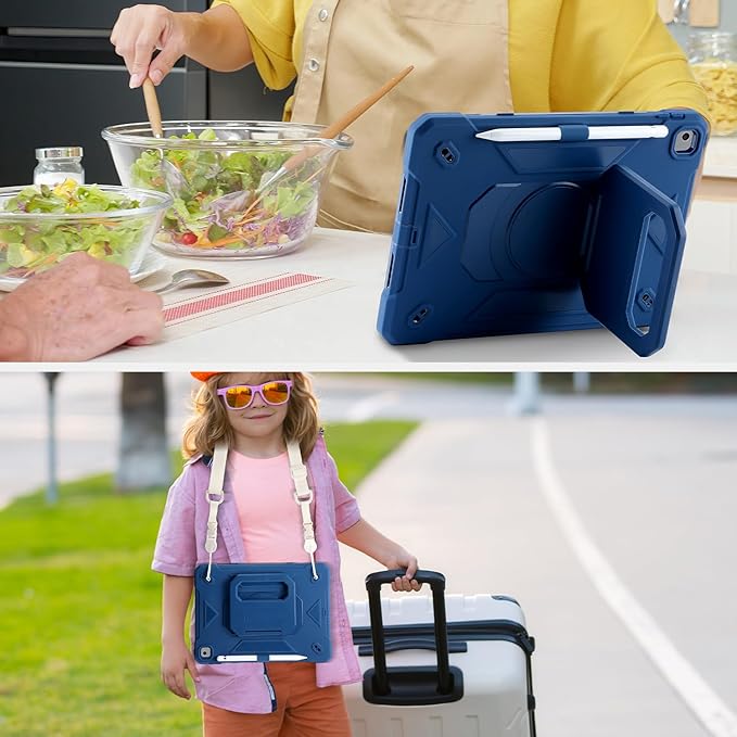 for iPad 9th/ 8th/ 7th Generation Case (iPad 10.2 inch Shockproof Case) with 360 Rotating Grip Magic Stand, Pencil Holder/Keychain/Carrying Shoulder Strap for iPad 10.2 inch (Navy Blue)