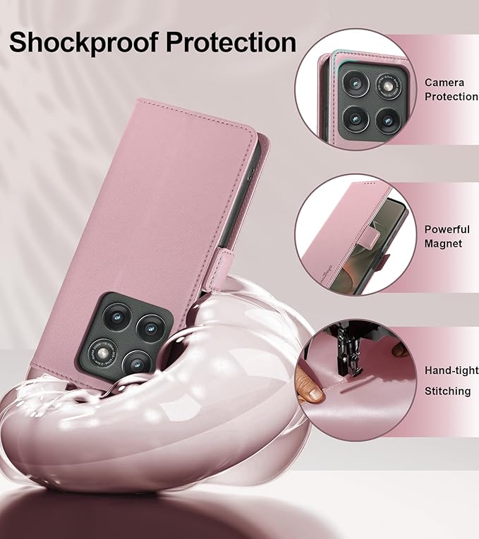 Wallet Flip Case for Motorola Edge (2025) - [RFID Blocking] Luxury PU Leather Card Holder Magnetic Phone Cover with Kickstand,Shockproof Protective Case,Pink