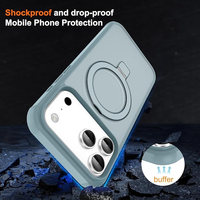 Magnetic Compatible with iPhone 17 Pro Case with Stand [Military Grade Drop Tested][Compatible with Magnet] Ring Translucent Slim Hard Back Soft Edge, Teal Green