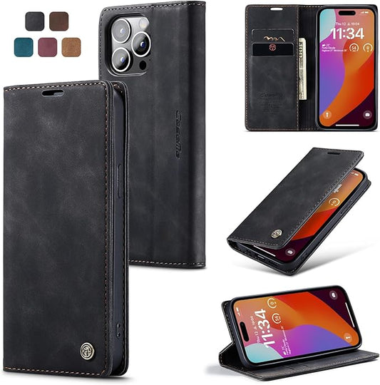for iPhone 15 Pro Case, Flip Wallet Leather Case with Card Holder Magnetic Closure Shockproof Kickstand Protective Phone Cases Cover for iPhone 15 Pro, Black