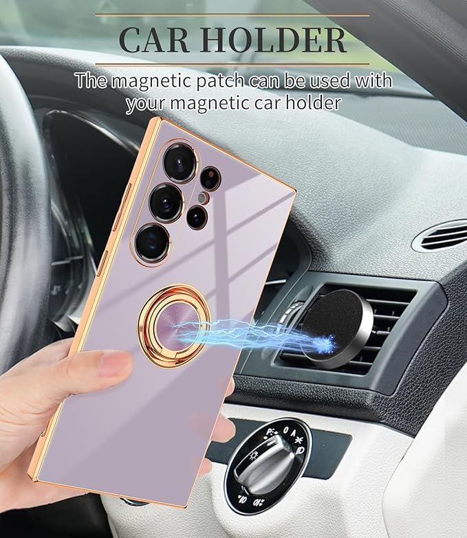 Dinick Purple for Samsung Galaxy S24 Ultra Case with Ring Holder Kickstand [with Magnetic] Soft TPU Bumper, Glitter Gold Electroplated Cover Slim Thin Protective Phone Case for Galaxy S24 Ultra