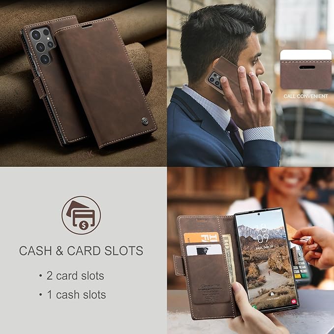 for Samsung Galaxy S24 Ultra Case, Flip Wallet Leather Case with Card Holder Magnetic Closure Shockproof Kickstand Protective Phone Cases Cover for Galaxy S24 Ultra 5G Cover,Coffee