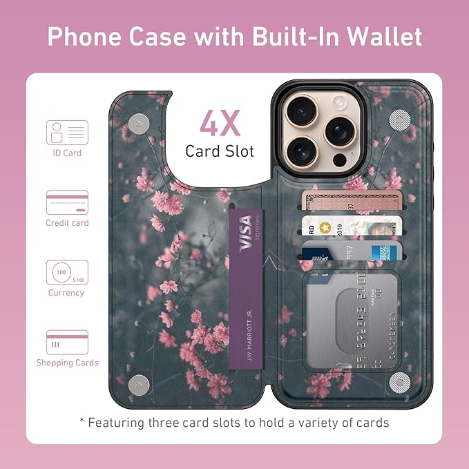 FUNMIKO for iPhone 16 Pro Max Wallet Case with Card Holder, RFID-Blocking, Military-Grade Protection & UV-Printed Artwork, Magnetic Closure with Leather Kickstand - Mystic Blooming Plum
