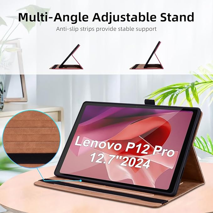 Case for Lenovo Xiaoxin Pad Pro 12.7" 2025 Retro Folio Cover for Xiaoxin Pad Pro 12.7 inch with Hand Strap,Multi-Angle Stand Cover PU Leather with Card Pocket,Brown