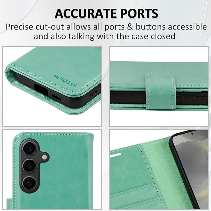 MONASAY Wallet Case Fit for Samsung Galaxy S24+ Plus 5G, [Lens & Glass Screen Protector Included] [RFID Blocking] Flip Folio Leather Cell Phone Cover with Credit Card Holder，6.7 inch, Mint