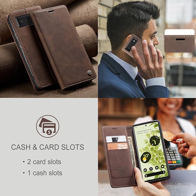 for Google Pixel 6 Case, Flip Wallet Leather Case with Card Holder Magnetic Closure Shockproof Kickstand Protective Phone Cases Cover for Google Pixel 6,Coffee