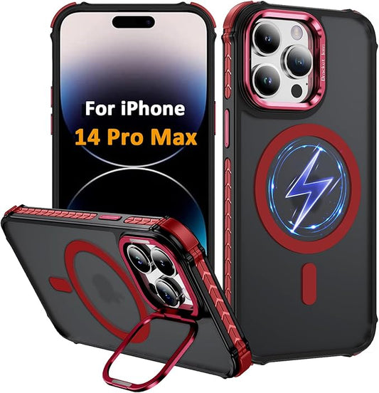 Magnetic for iPhone 14 Pro Max Case Red with MagSafe Wireless Charging Heavy Duty Military-Grade Shockproof Protection Adjustable Kickstand Slim Matte Anti-Fingerprint Cover Men Women