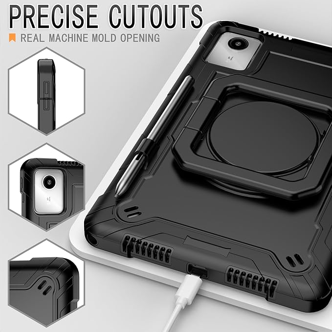 Case for Lenovo Tab M11 11 inch Tablet (TB-330FU / TB-331FC) 2024 Released - Heavy Duty Impact Resistant Case Cover with Rotating Ring Stand (Black/Black)
