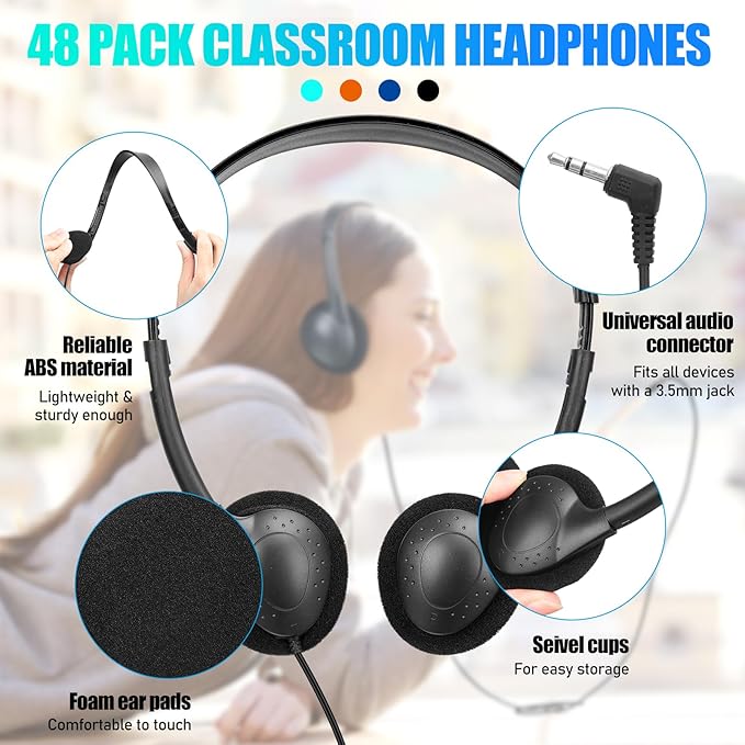 48 Pack Classroom Headphones on Ear Wired Stereo Headset with 3.5mm Jack, Over The Head Student Earphone Set for Kids Adults School Library Airplane Computer Laptop, No Microphone (Multicolor)