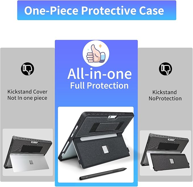 Case fit Microsoft Surface Pro 11/10/9/8 13-Inch, with Stent Cover, Hand Strap, All-in-one Rugged Case Compatible with Type Cover Keyboards, Black