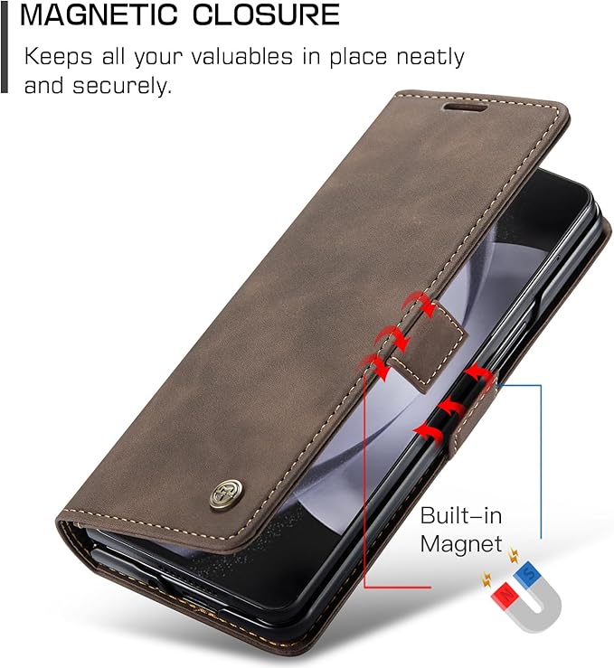 for Samsung Galaxy Z Fold5 Case, Flip Wallet Leather Case with Card Holder Magnetic Closure Shockproof Kickstand Protective Phone Cases Cover for Samsung Galaxy Z Fold5,Coffee