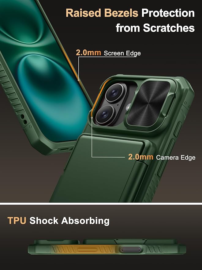 Vihibii for iPhone 16 Case with Card Holder (4 Cards) [RFID Blocking] & Slide Camera Cover, Military Grade Drop Protection, Rugged Hard Back & Silicone Edge Wallet Phone Cover, 6.1" 2024, Green