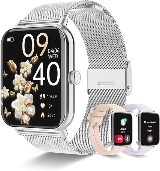 Smart Watch for Women with Bluetooth Call Answer/Dail,1.85" DIY Dial Fitness Watch with Heart Rate Sleep Monitor Step Counter 120+ Sports Modes Waterproof Women's Smart Watch for Android iOS (Silver)