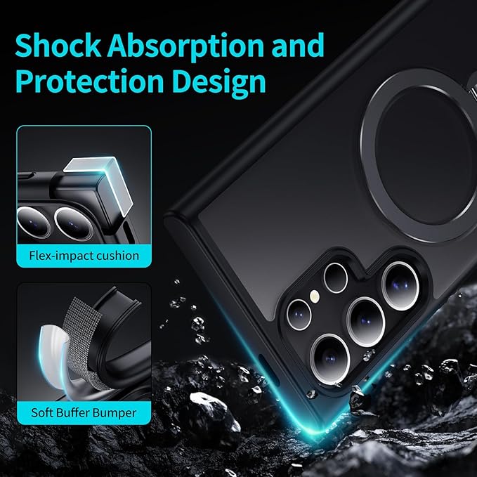 for Samsung Galaxy S24 Ultra Case,Compatible with Magsafe [Wireless Charging],with 360°Rotatable Magnetic Ring Stand,Matte Translucent Slim Soft Edge Phone Kickstand,Black