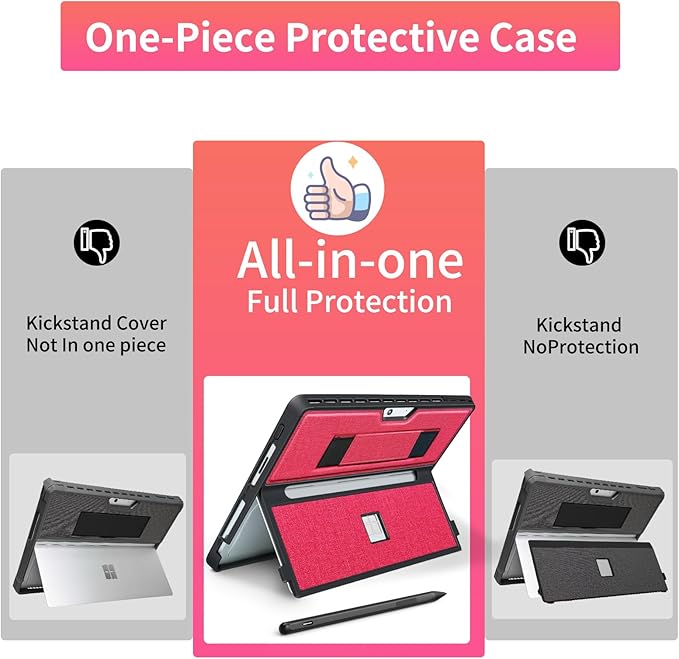 Case fit Microsoft Surface Pro 11/10 /9/8 13-Inch, with Stent Cover, Hand Strap, All-in-one Rugged Case Compatible with Type Cover Keyboards, Red