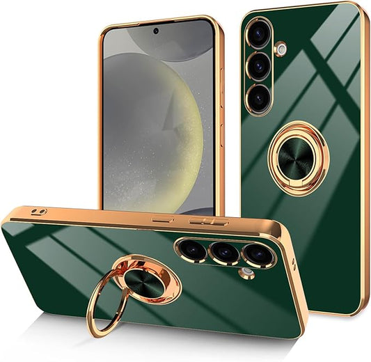 Dinick Green for Samsung Galaxy S24+ Case with Ring Holder Kickstand [with Magnetic] Soft TPU Bumper, Glitter Gold Electroplated Cover Slim Thin Protective Phone Case for Galaxy S24 Plus