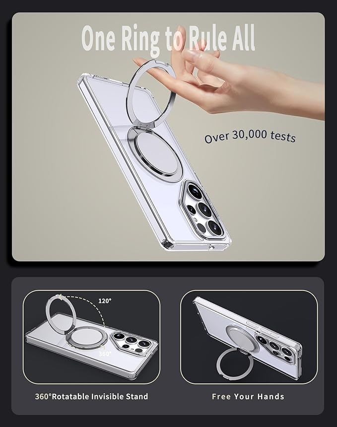 Magnetic Stand Case for Samsung Galaxy S25 Ultra [with 2 Tempered Glass Film] [360° Rotation Magnetic Stand] [Compatible with Magsafe] Military-Grade Drop Protection Case, Clear