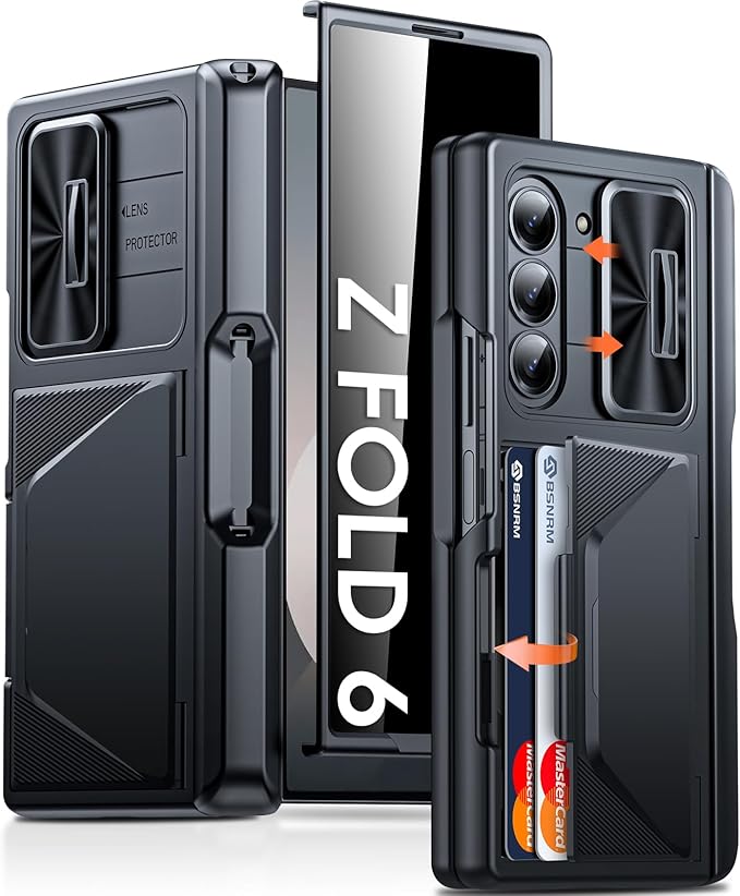 for Samsung Galaxy Z Fold 6 Case with Card Holder RFID Blocking & S Pen Holder & Slide Camera Cover& Hinge Protection & Privacy Screen Protector, Shockproof Wallet Case for Galaxy Z fold 6,Black