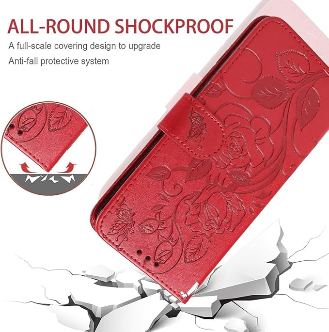 for iPhone 15 Case 6.1", Apple 15 Wallet Case with Tempered Glass Screen Protector, Flower Leather Flip Protective Case Credit Card Holder Stand Phone Cover for iPhone 15 Red