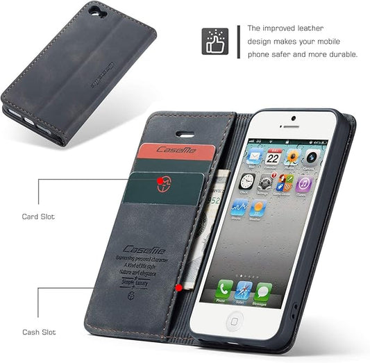 for iPhone 5 / iPhone 5S / iPhone SE (2016) Case, Flip Wallet Leather Case with Card Holder Magnetic Closure Shockproof Kickstand Protective Phone Cases Cover for iPhone 5S,Black