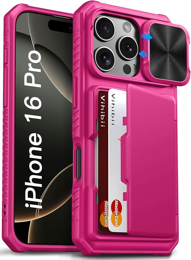 Vihibii for iPhone 16 Pro Case Wallet with Card Holder (4 Cards) [RFID Blocking] & Slide Camera Cover & Raised Edges Protect Screen, Shockproof Rugged Phone Cover for iPhone 16 Pro 5G 6.3" 2024, Pink
