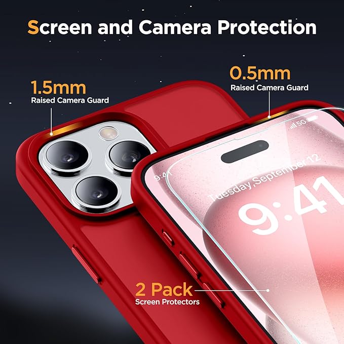 Miracase Magnetic for iPhone 15 Pro Case 6.1 inch (Compatible with MagSafe)（with 2X Screen Protectors）Military-Grade Protection, Anti-Fingerprint Translucent Matte Phone Cover, Red