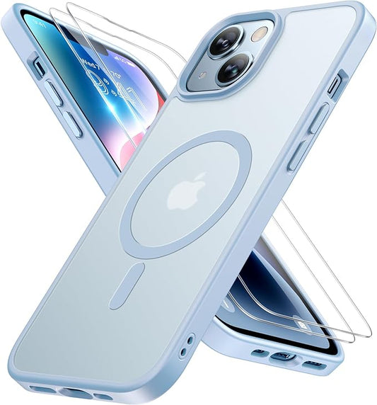 Miracase Magnetic for iPhone 14 Case 6.1 inch (Compatible with MagSafe)（with 2X Screen Protectors） Military-Grade Protection, Anti-Fingerprint Translucent Matte Phone Case Cover, Light Blue