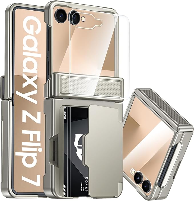 CENMASO for Samsung Galaxy Z Flip 7 Case Wallet Card Holder [RFID Blocking] & Hinge Protection & HD Screen Protector, Rugged Full-Body Cover Shockproof Phone Case for Z Flip 7-Natural Titanium