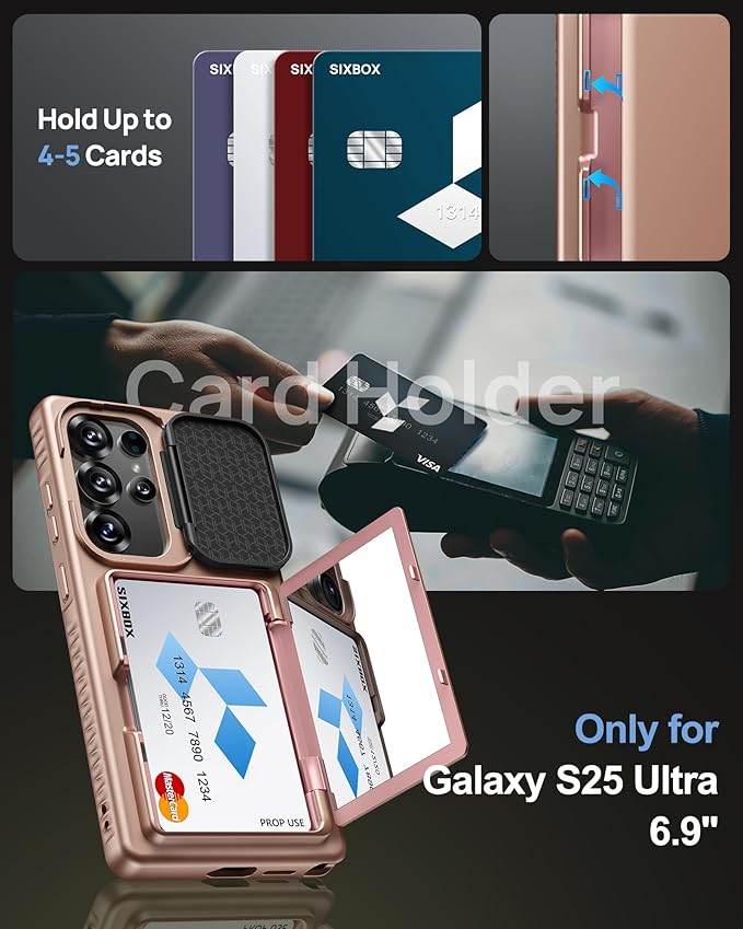 for Samsung Galaxy S25 Ultra Case with Card Holder & Camera Lens Cover Stand, Military Grade Drop Protection Shockproof Rugged Wallet Protective Phone Case for S25 Ultra 6.9" 2025, Rose Gold