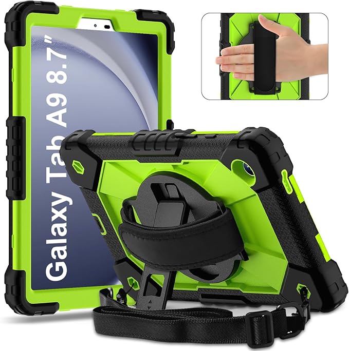 for Samsung Galaxy Tab A9 Case 8.7 inch (SM-X110/X115/X117), Heavy Duty Shockproof Silicone Cover Rugged 360 Stand Hand Shoulder Strap for Galaxy A9 Tablet,Black+Olivine