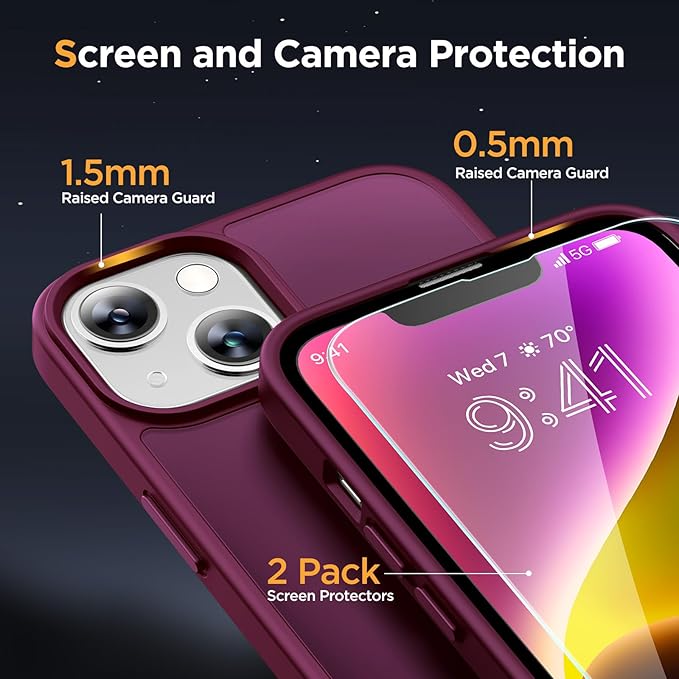 Miracase Magnetic for iPhone 14 Case 6.1 inch (Compatible with MagSafe)（with 2X Screen Protectors） Military-Grade Protection, Anti-Fingerprint Translucent Matte Phone Case Cover, Wine Red