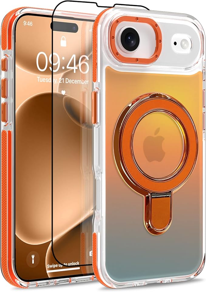 MOWIME Magnetic for iPhone Air Case with Stand [Compatible with Magsafe] [Cute Fashion Fluorescent Design] [1 Screen Protector] Slim Translucent Matte Case for iPhone Air 6.5" 2025, Orange