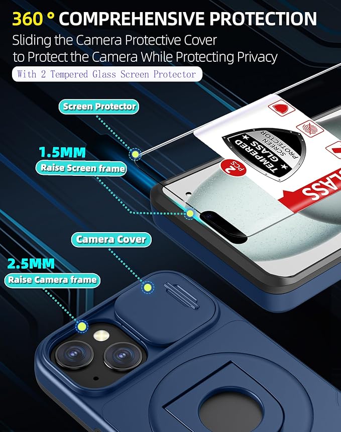 for iPhone 14 Plus Case/for iPhone 15 Plus Case Compatible with MagSafe Magnetic,with 2 Screen Protectors,with Camera Cover+Stand,Military Grade Shockproof Heavy Duty Protection Bumper Black