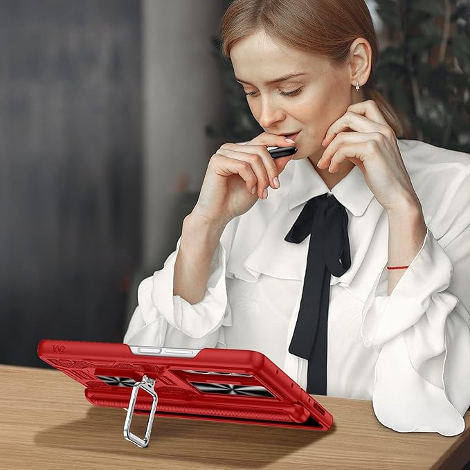 VEGO for Galaxy Z Fold 4 Case with Kickstand, Hinge Protection & Belt Clip Holster & Front Screen Protector & Slide Camera Cover Magnetic Kickstand Cover - Red