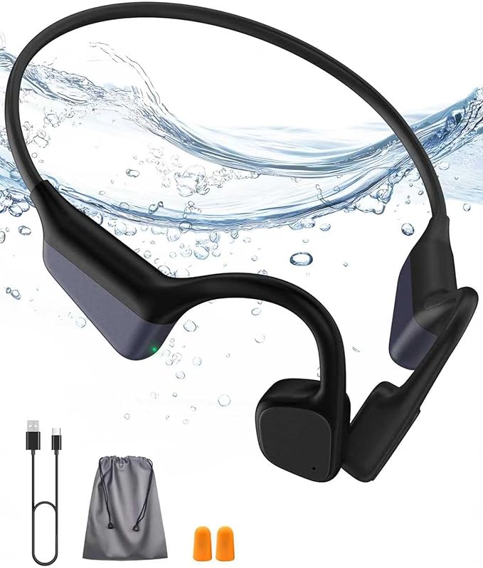 Bone Conduction Headphones, Waterproof Open Ear Wireless Bluetooth Shower Earbuds Noise Cancelling, HiFi Stereo Earphones with Mic, 18H Playtime, Comfort Headset for Sports, Work, Meeting