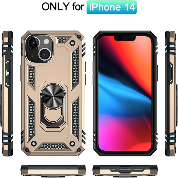 ADDIT Phone Case for iPhone 14 Case,with Kickstand Ring,Adjustable Stand,Military Grade,Heavy Duty Protection,Shockproof,Anti-Fingerprint,Support Magnet Car Mount,Gold