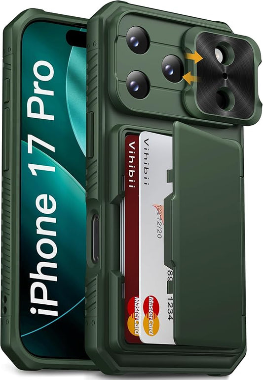 Vihibii for iPhone 17 Pro Case with Card Holder (4 Cards) [RFID Blocking] & Slide Camera Cover, Military Grade Drop Protection, Rugged Hard Back & Silicone Edge Wallet Phone Case 6.3" 5G 2025, Green