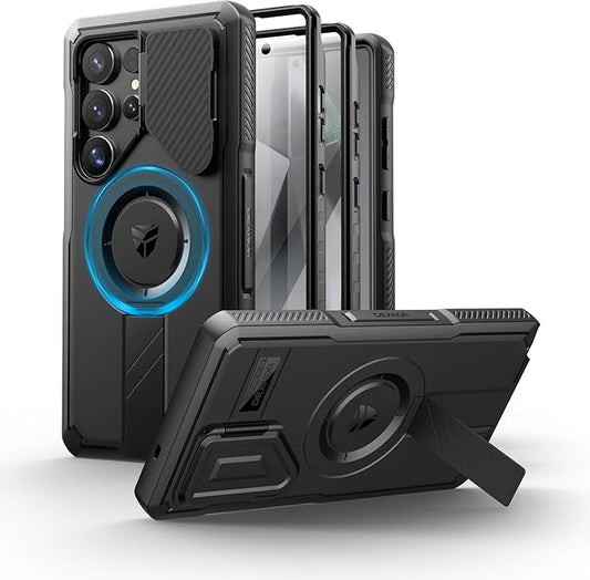 Dexnor for Samsung Galaxy S25 Ultra Case with Camera Cover & Adjustable Kickstand & Built-in Screen Protector, Magnetic Rugged Shockproof Bumper Cases Heavy-Duty Magnetic Protective Cover(2025),Black