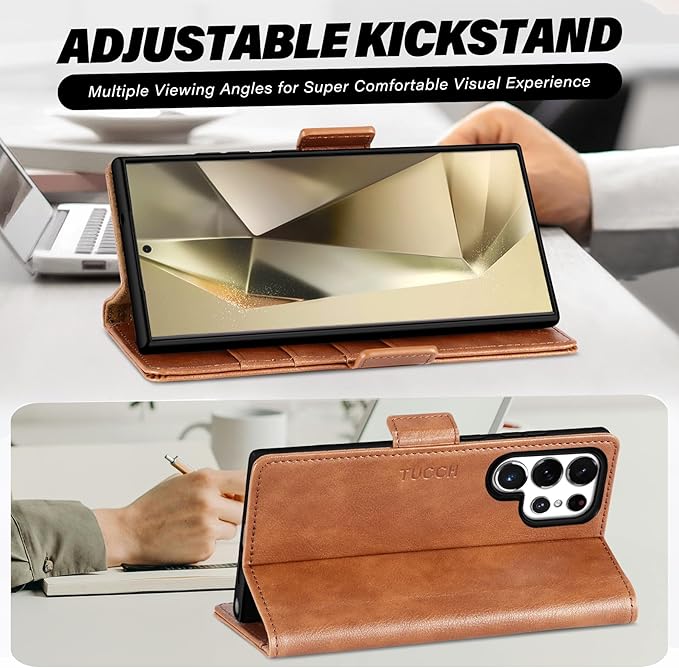 TUCCH Wallet Case for Galaxy S25 Ultra with [TPU Shockproof Interior Case] [RFID Blocking] Folio Stand Card Slot, Magnetic PU Leather Protect Folio Cover Compatible with Galaxy S25 Ultra, Light Brown