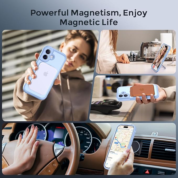 MOCCA Compatible with iPhone 17 Case with Magnetic Invisible Stand [Full Camera Protection] [Compatible with Magsafe] Military Drop Shockproof Translucent Matte Phone Case Cover 6.3",Light Blue
