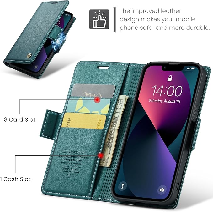 for iPhone 13 Case, Premium PU Leather Wallet Case Flip Cover with [RFID Blocking][Card Holder][Stand Function] Shockproof Protective for iPhone 13 6.1 inch, Blue-Green