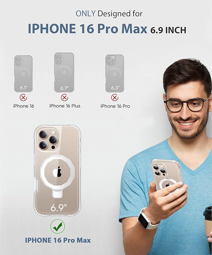 Compatible with iPhone 16 Pro Max Case, Built-in Screen Protector & Seamless Stand, with Camera Lens Protector, Strong Magnetic Clear Phone Case, Full Body Protective Cover for 6.9" (Clear)