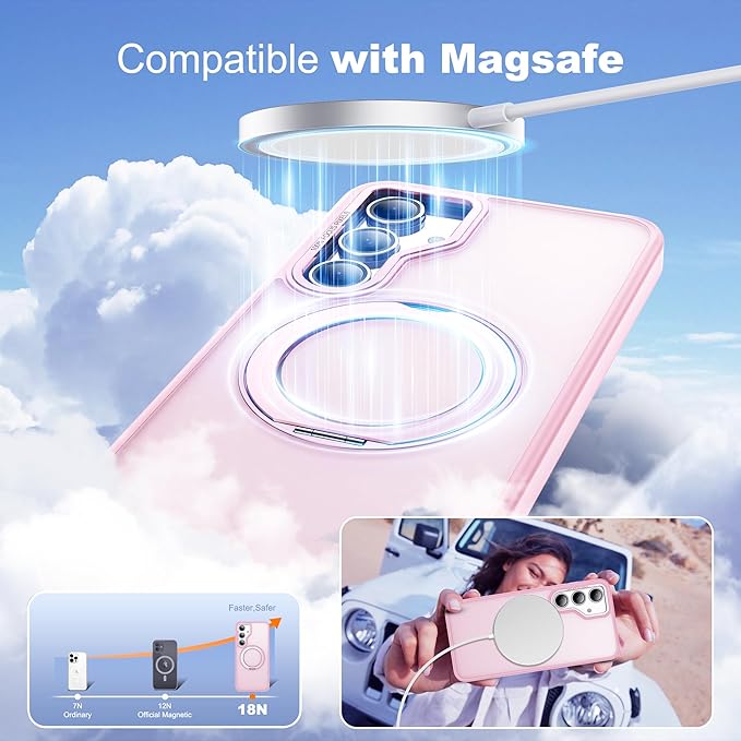 for Samsung Galaxy S23 FE Case with 360° Rotatable Magnetic Ring Stand Compatible with Mag-Safe Military Protection Shockproof Matte Translucent Phone Cases for S23 FE,Pink