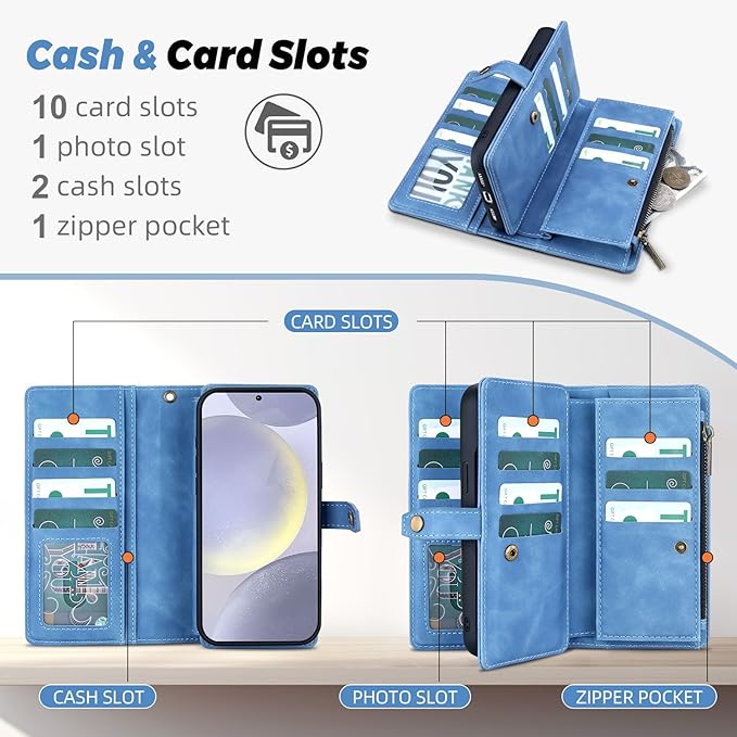 TwoHead for Samsung Galaxy S24 Plus Wallet Case with Card Holder,Detachable Magnetic Phone Case for Galaxy S24 Plus,PU Leather All-Round Protective Phone Cover Wallet with Strap(6.6 in,Sky Blue)