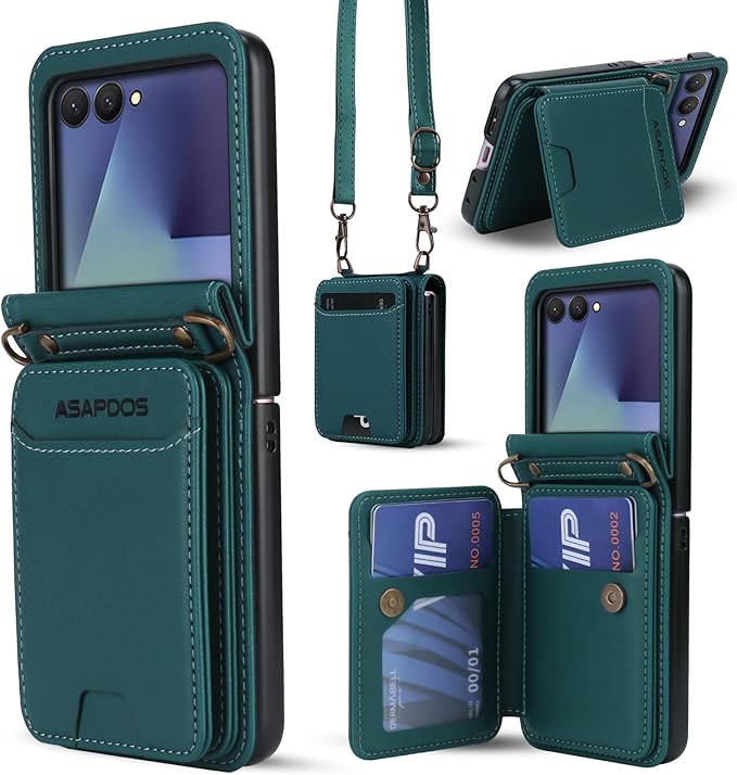 ASAPDOS for Samsung Galaxy Z Flip 7 PU Leather Wallet Phone Case with Card Slots (Holds 5 Cards), Anti-Drop Protection, Wrist & Shoulder Strap Blue Green