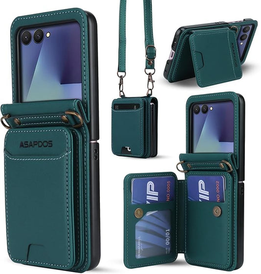 ASAPDOS for Samsung Galaxy Z Flip 7 PU Leather Wallet Phone Case with Card Slots (Holds 5 Cards), Anti-Drop Protection, Wrist & Shoulder Strap Blue Green