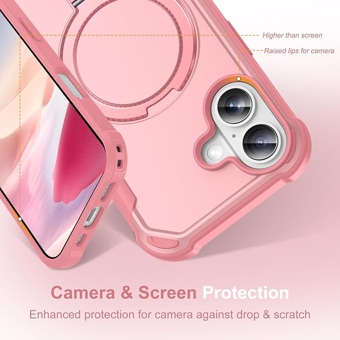 Compatible with iPhone 17 Case with Invisible Magnetic Ring Stand [Compatible with Magnetic] [Military Drop Protection] Shockproof Slim Hard Back Soft Edge Case 6.3 Inch, Pink